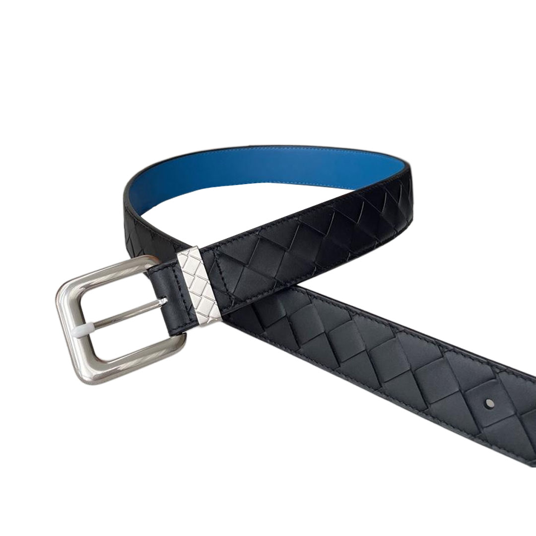 Bottega Veneta Men's Square Buckle  Intrecciato Reversible Belt In Blue/Coffee Calfskin With Silver Hardware 35mm