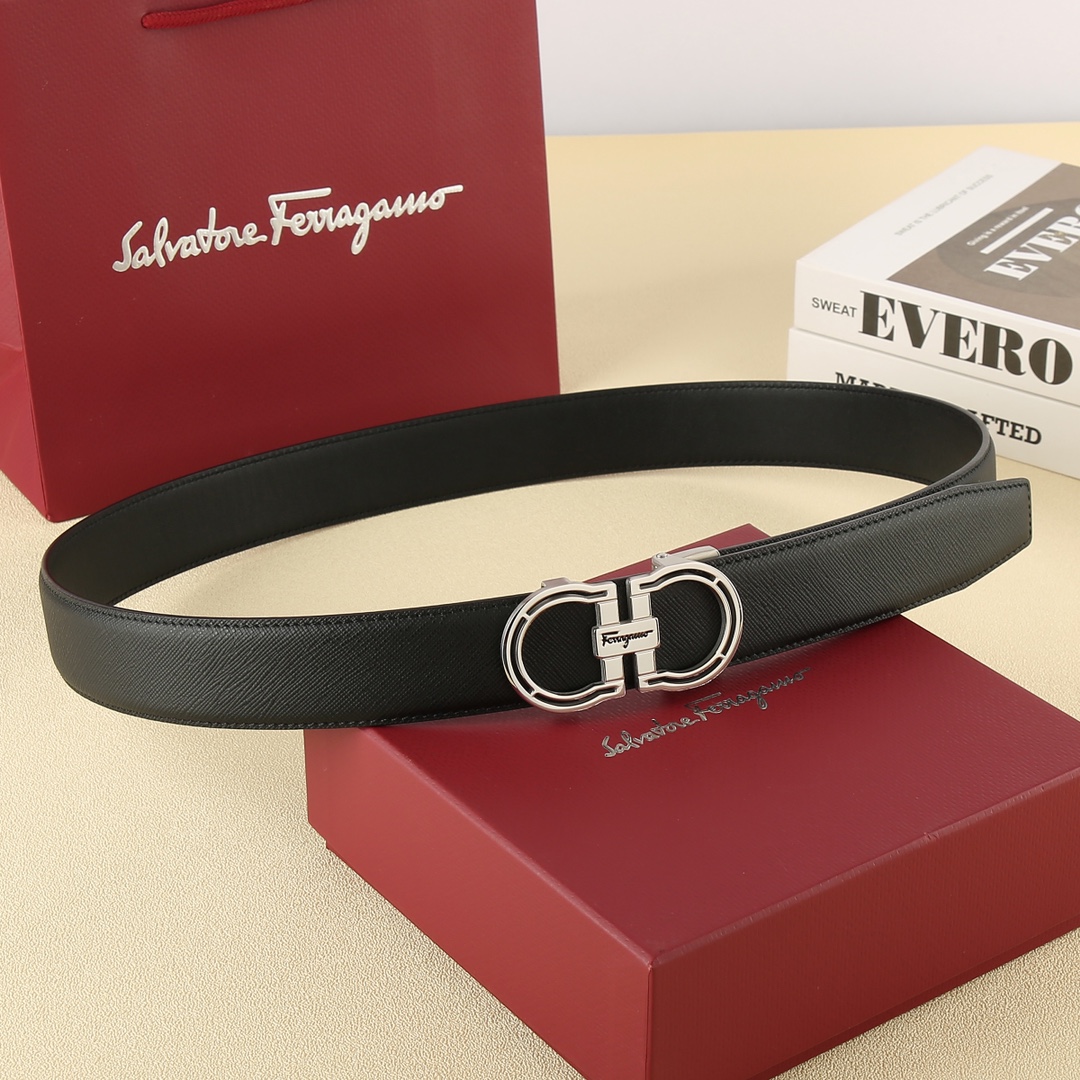 Ferragamo Men's Hollow Double Gancini Buckle Belt In Black Calfskin With Gold/Silver Hardware 35mm
