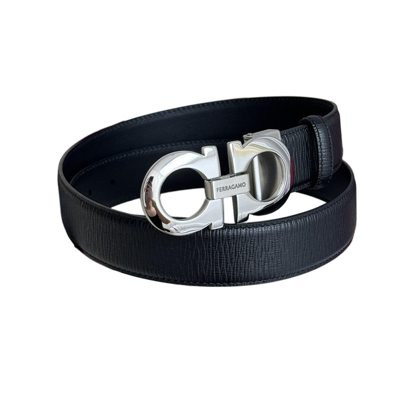 Ferragamo Men's Double Gancini Buckle Reversible Belt In Black Calfskin With Gold/Silver/Black Hardware 35mm