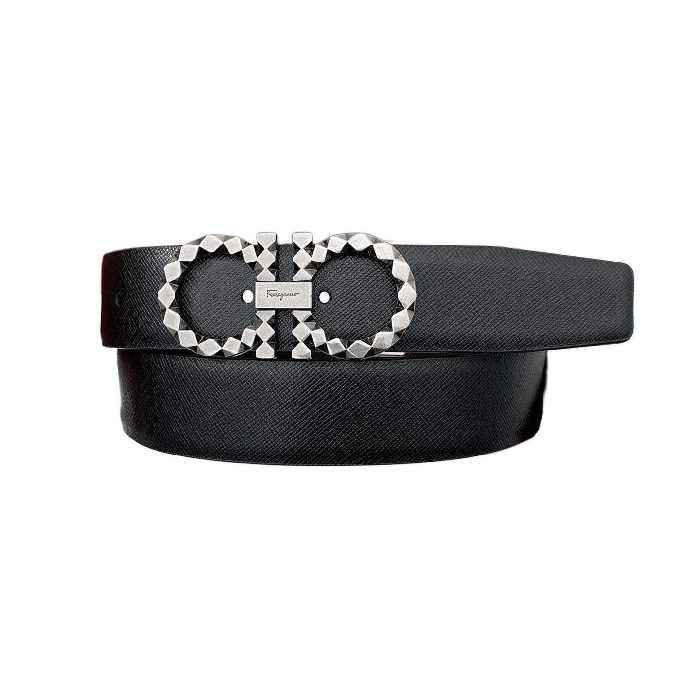 Ferragamo Men's Sharp Double Gancini Buckle Reversible Belt In Black/Coffee Saffiano Calfskin With Gold/Silver Hardware 35mm