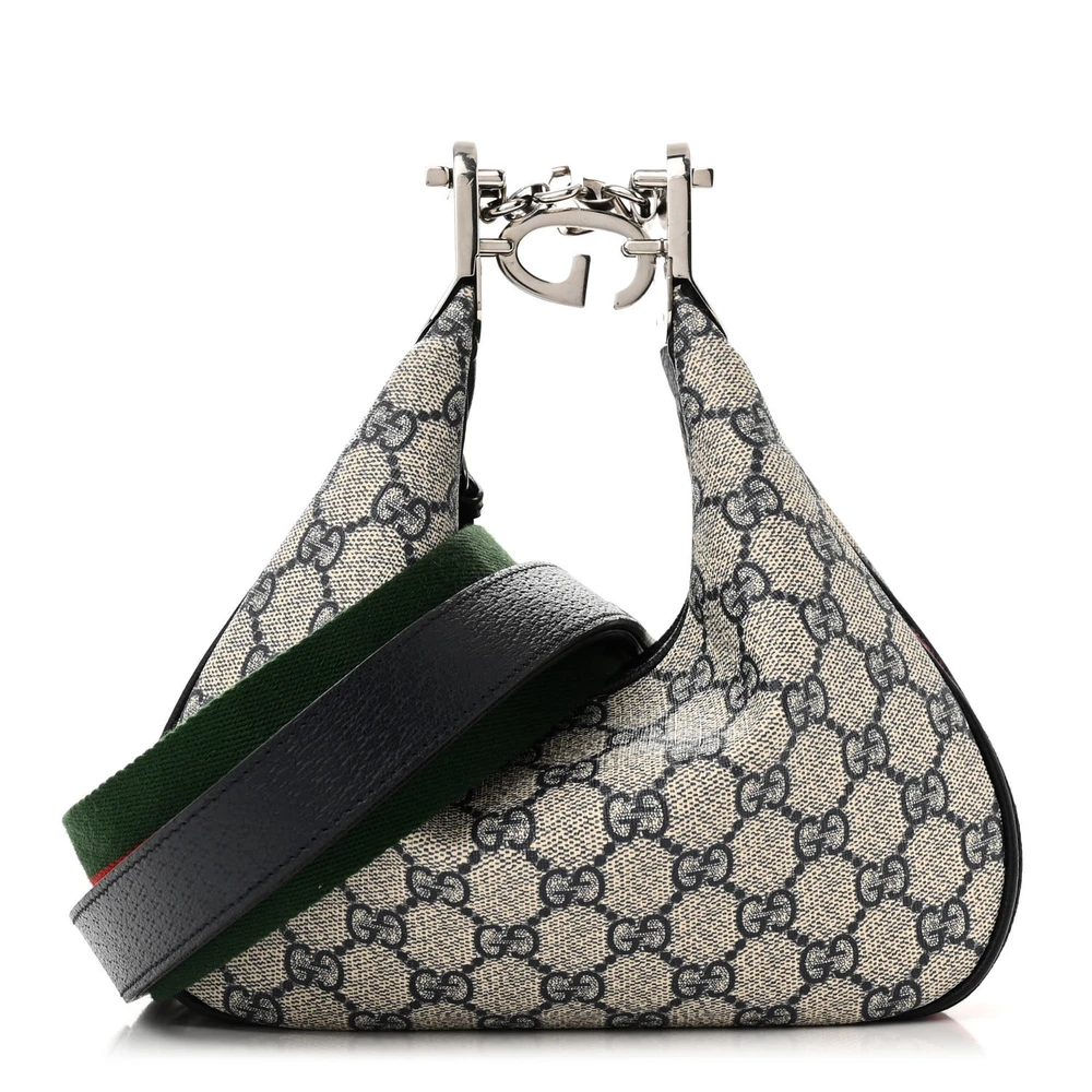 Gucci Small Web Attache Shoulder Bag Beige/Blue GG Supreme Monogram Canvas & Textured Calfskin Leather Silver Hardware