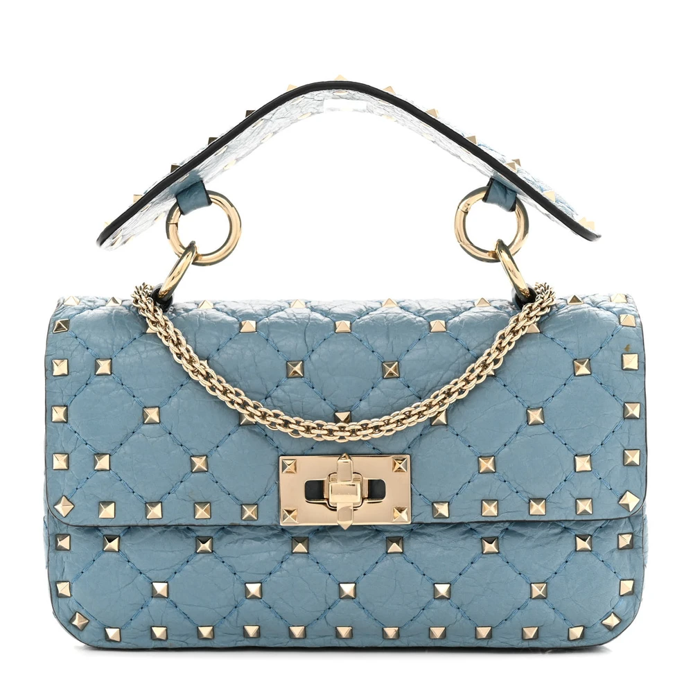 Valentino Garavani Small Rockstud Spike Shoulder Bag Aqua Nappa Leather Light Gold Hardware