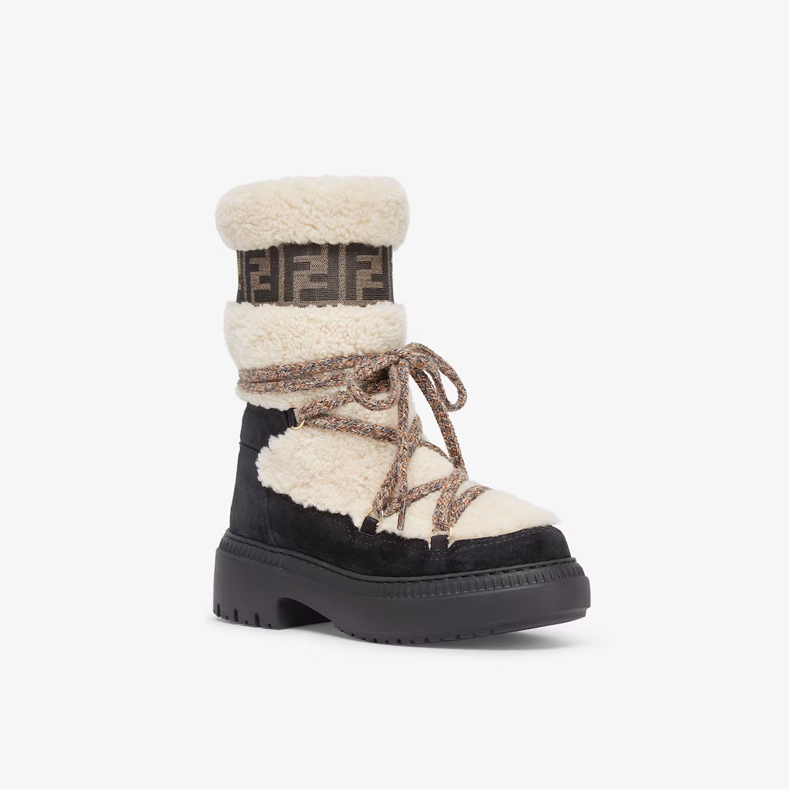FENDI White sheepskin and black suede boots