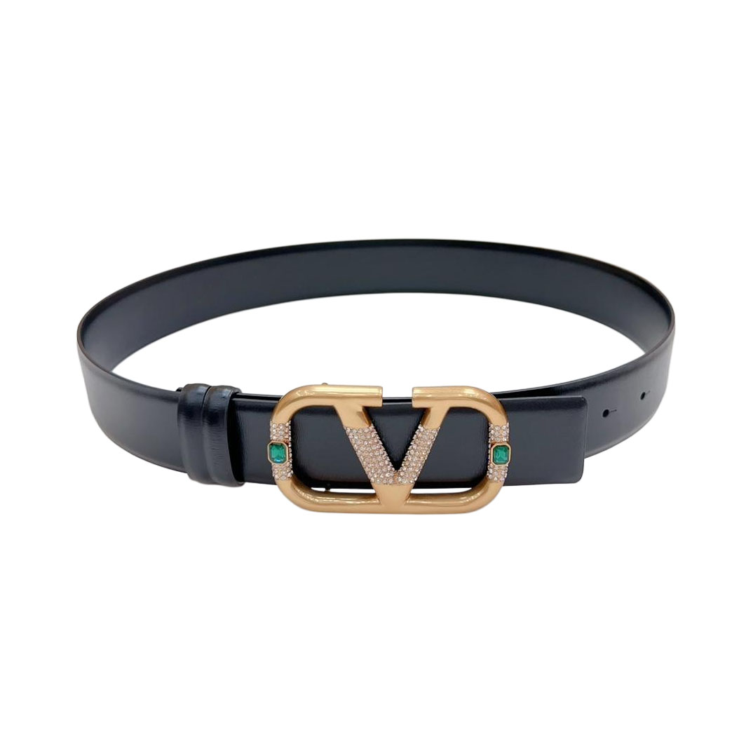 Valentino V Buckle With Crystal And Green/Red/Black/Yellow Gem Belt In Black Calfskin With Gold Hardware 40mm