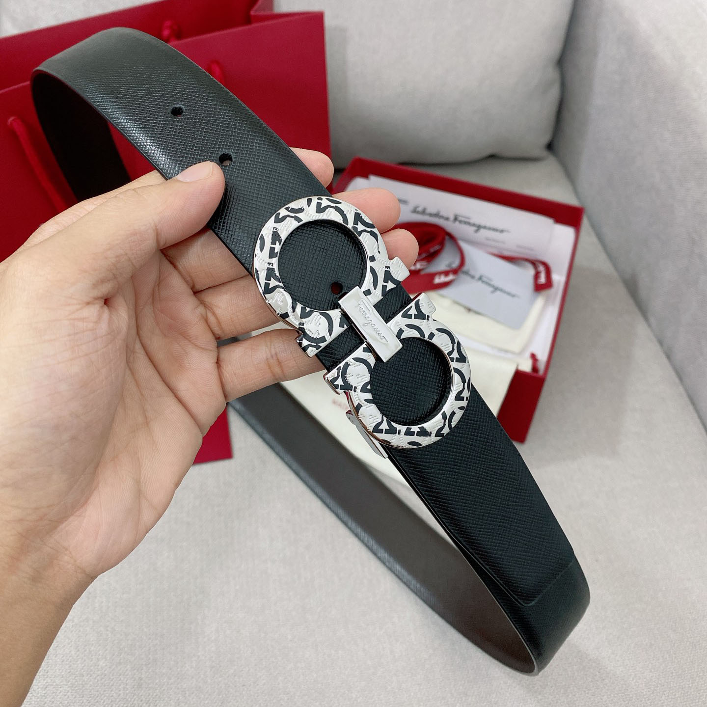 Ferragamo Men's Double Gancini Buckle Belt In Black/Coffee Grained Calfskin With Silver Hardware 35mm