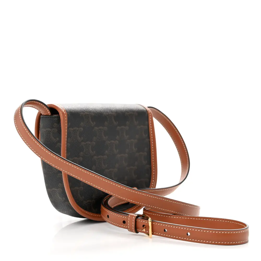 Celine Mini Besace Tan Canvas & Calfskin Leather Triomphe Gold Hardware