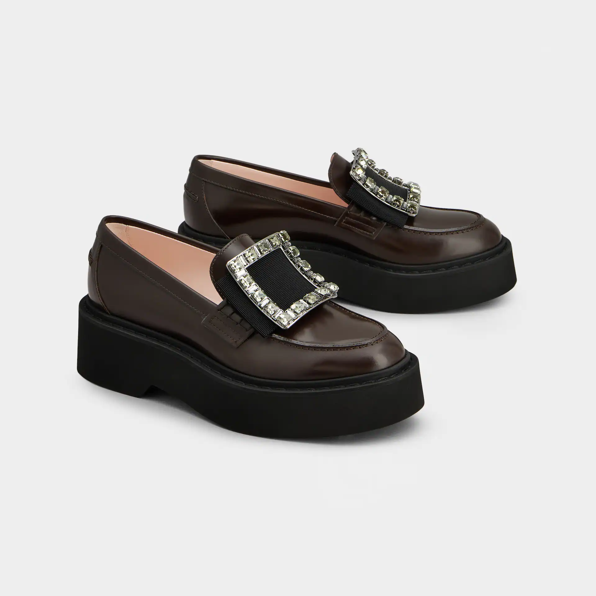 Roger Vivier Viv' Rangers Loafers In Brown Leather With Crystal Buckle (Heel Height 5.5cm)