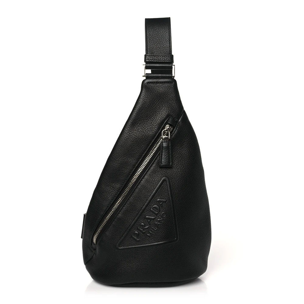 Prada Medium Logo Embossed Cross Sling Backpack Black Vitello Daino Leather Silver Hardware