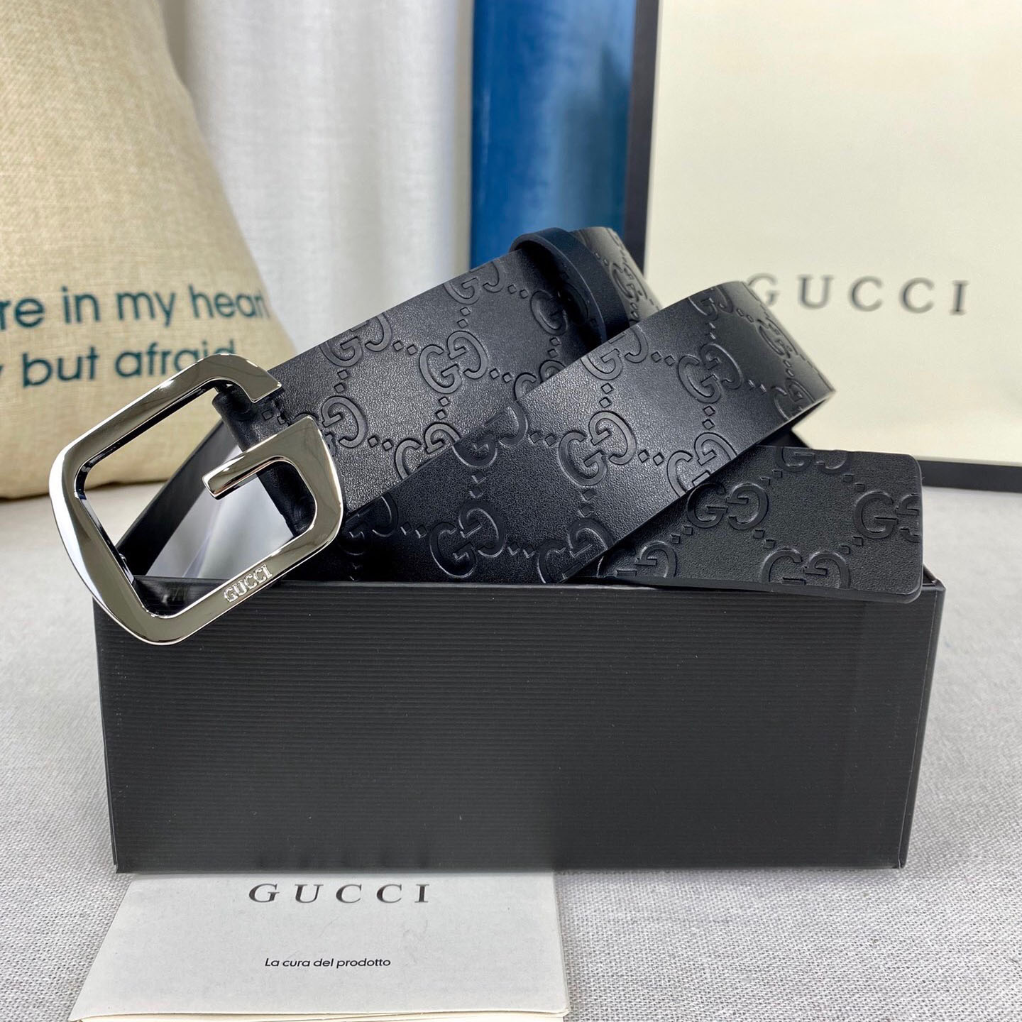 Gucci Men's Square G Buckle Belt In Black Monogram Calfskin With Gold/Silver Hardware 38mm