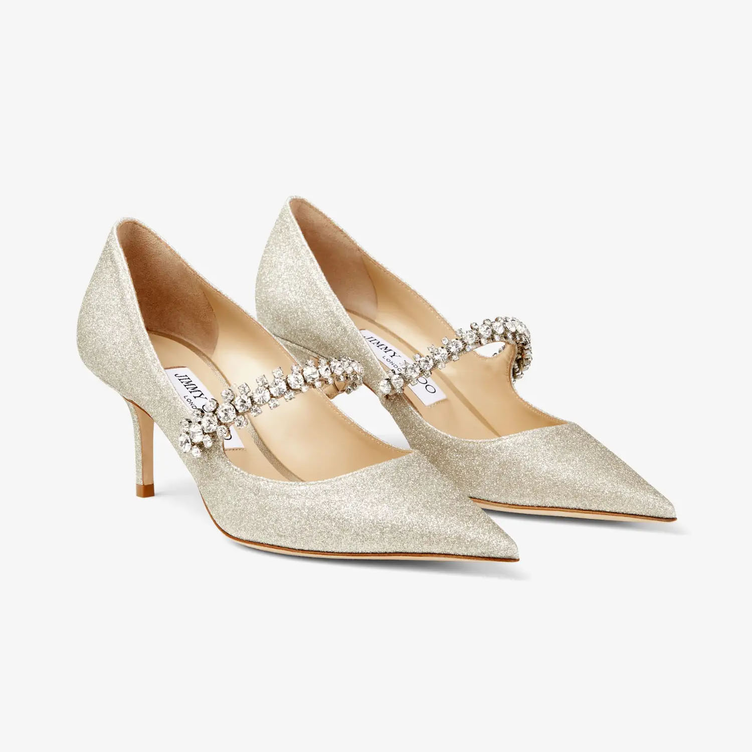 JIMMY CHOO Crystal decorated ice white gold microparticles flash powder heels