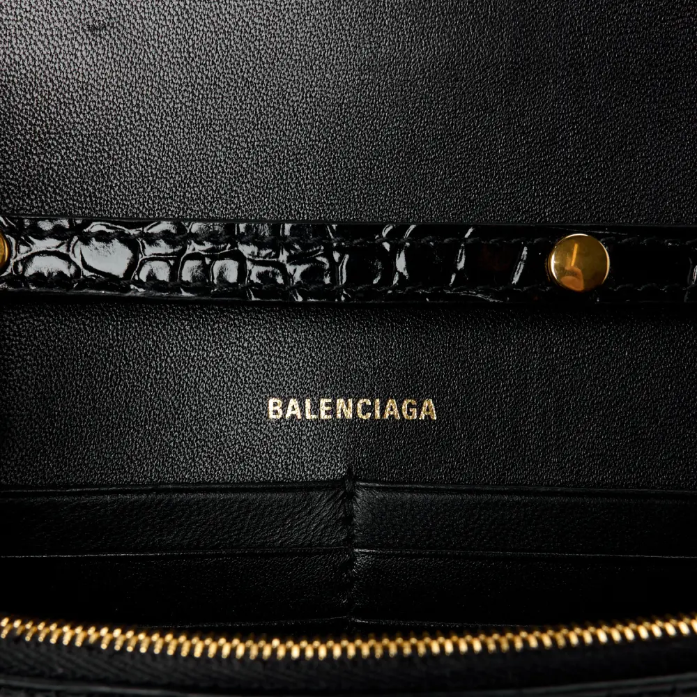 Balenciaga XS Hourglass Chain Bag Black Crocodile Embossed Shiny Calfskin Leather Gold Hardware