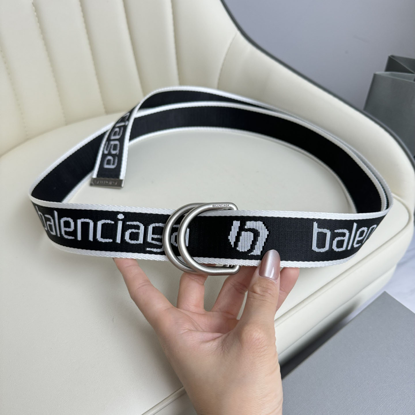 Balenciaga Men's D Ring Adjustable Belt In Balenciaga Black/White/Grey Webbing With Silver Hardware 40mm