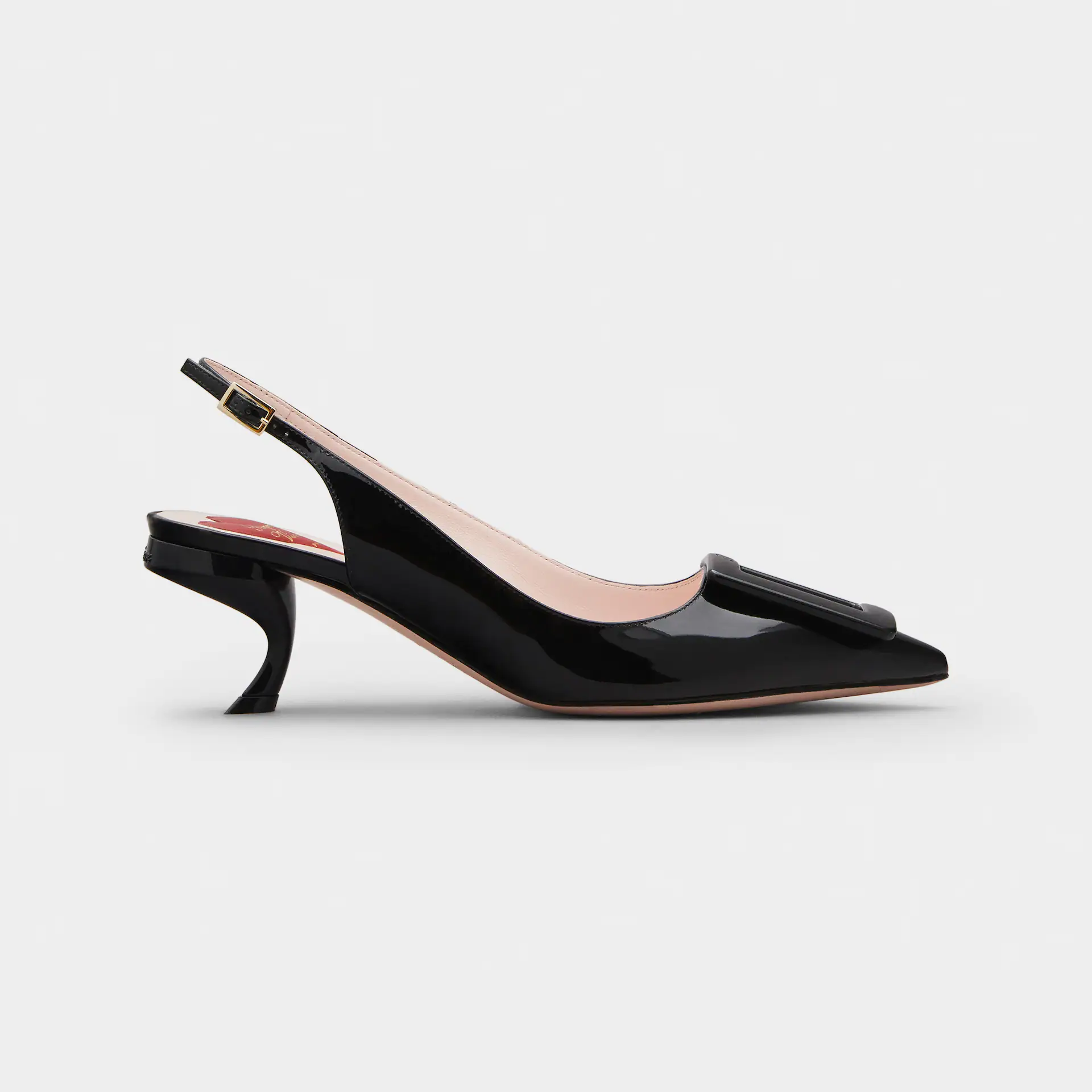 Roger Vivier Virgule Slingback Pumps High Heels In Black Patent Leather With Lacquered Metal Buckle (Heel Height 5.5cm)