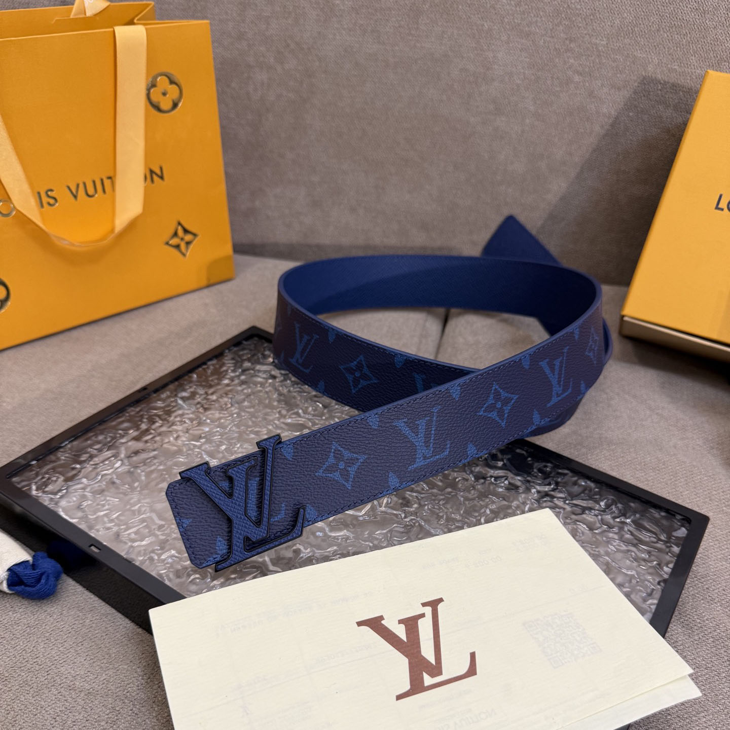 Louis Vuitton Men's LV Buckle Belt In Blue Monogram Canvas With Black/Gold/Silver Hardware 40mm