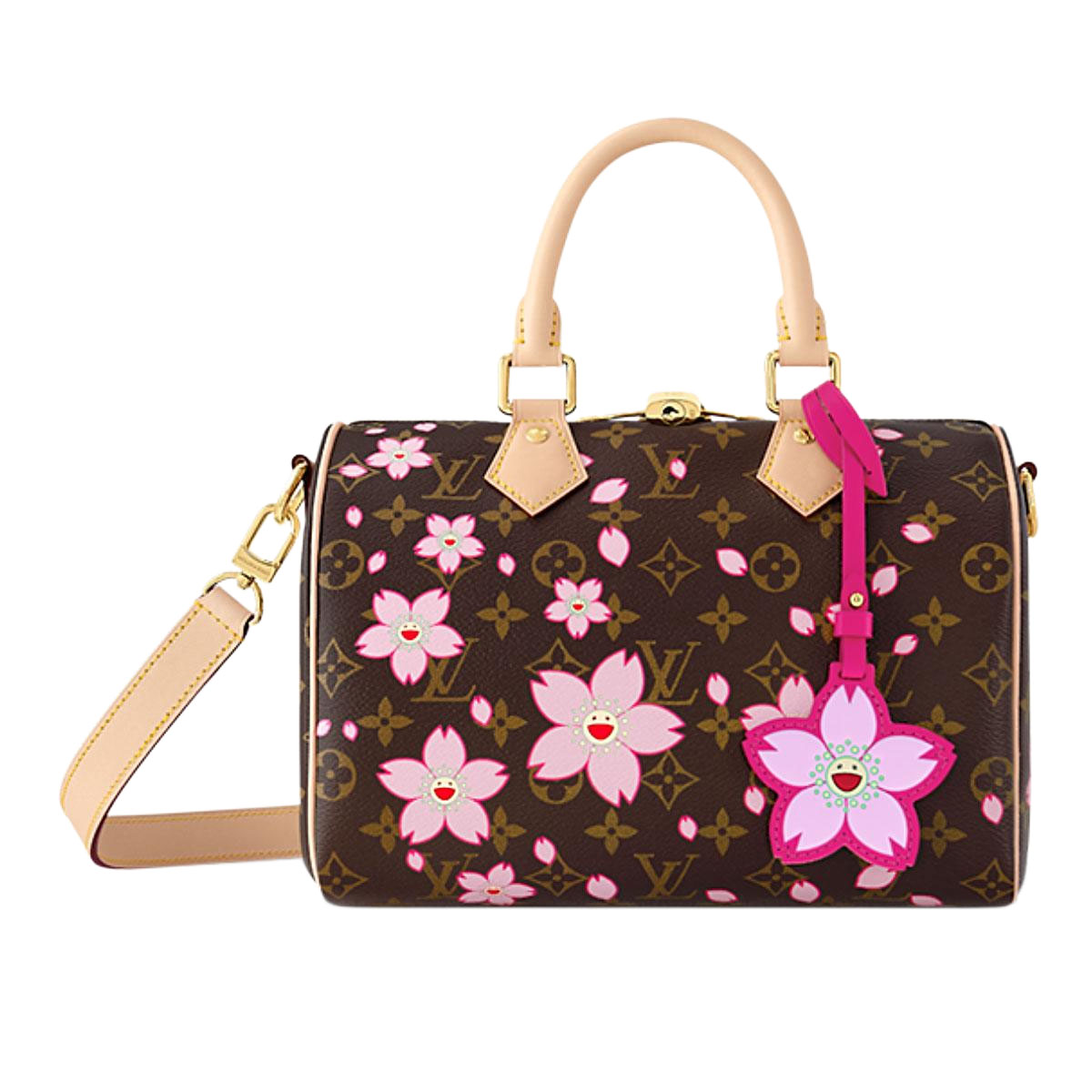 LOUIS VUITTON x Takumi Murakami SpeedyBandouliere CHERRY BLOSSOM gold metal accessories shoulder handbag for women brown