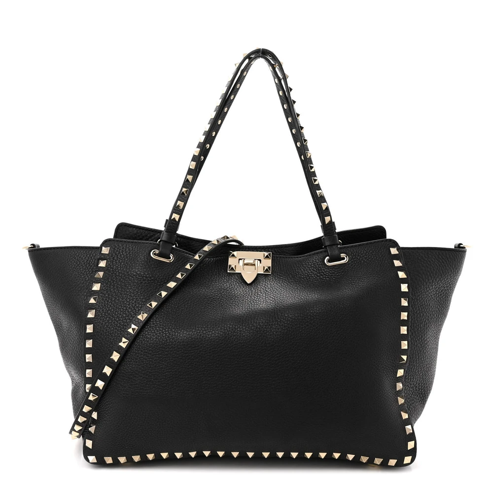Valentino Garavani Medium Rockstud Tote Black Pebbled Calfskin Leather Gold Hardware