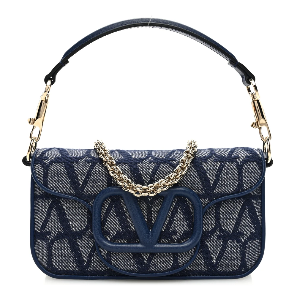 Valentino Garavani Small Locò Shoulder Bag Melange Denim/Worker Toile Iconographe Cotton VLogo Gold Hardware