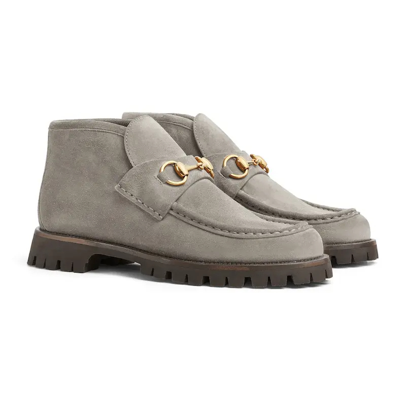 Gucci Round headed grey suede horse collar buckle  ankle boots