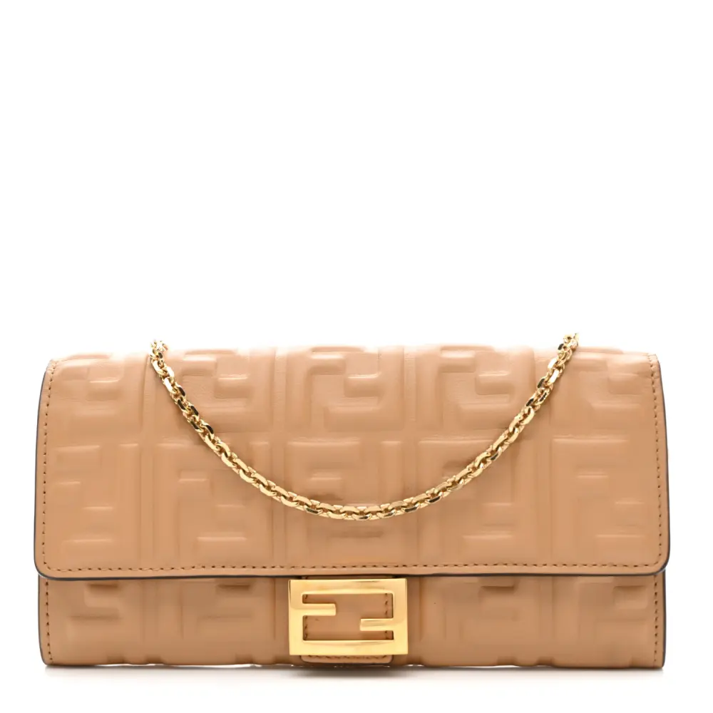 Fendi FF Embossed Continental Wallet On Chain (WOC) Matisse Nappa Leather Miele Scuro Gold Hardware