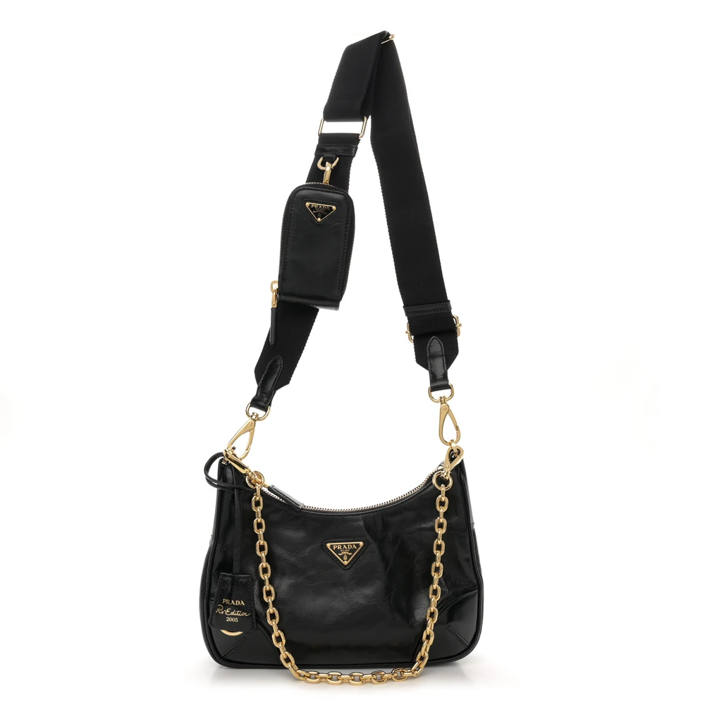 Prada Medium Re-Edition 2005 Shoulder Bag Black Patent Naplak Leather Gold Hardware