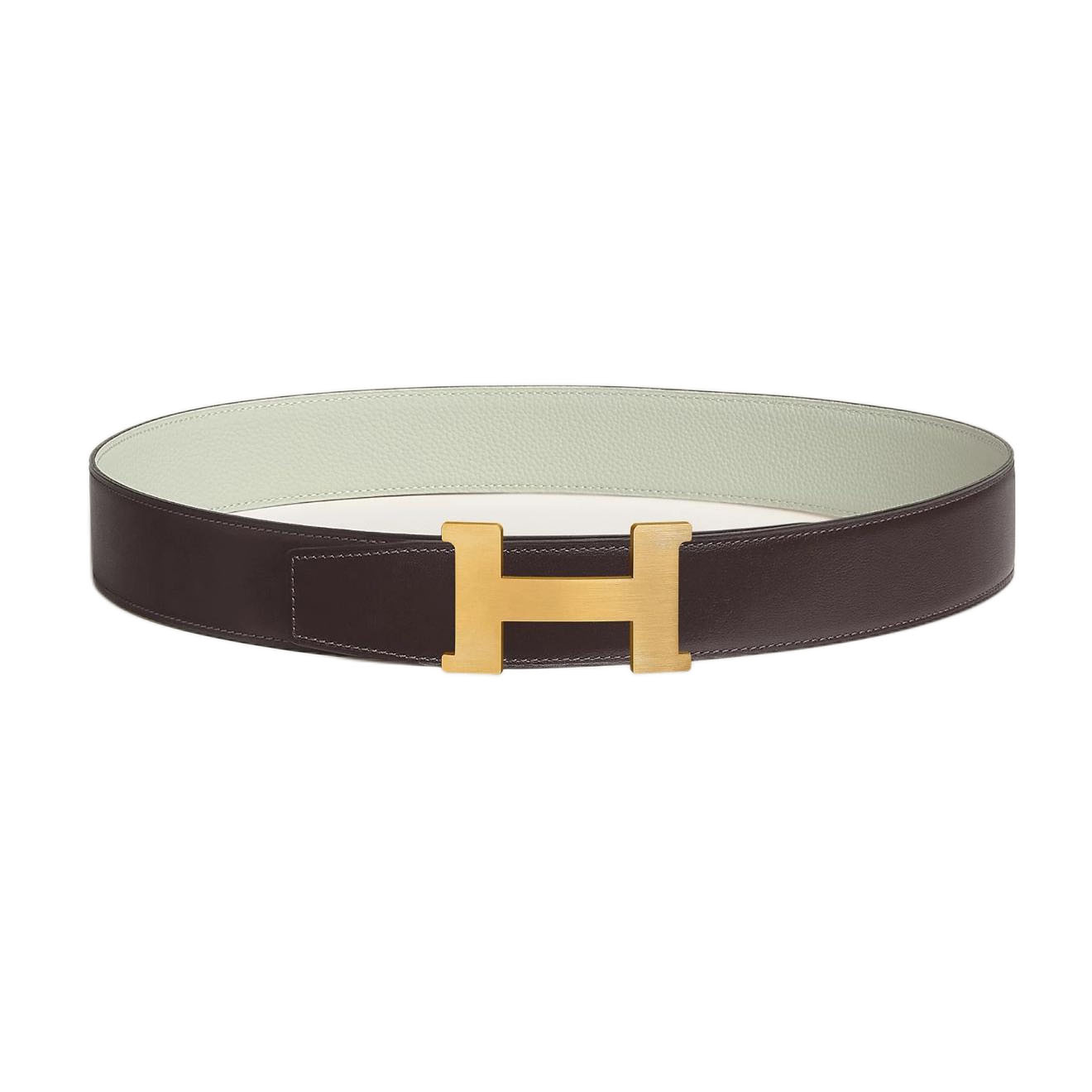 Hermès Men' s H Buckle Reversible Belt In Brown/White Evercolor Calfskin With Gold/Black Hardware 38mm