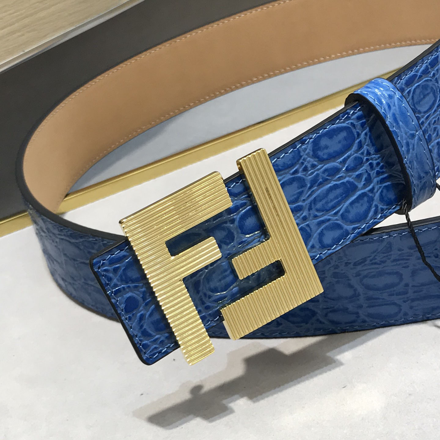 Fendi Men's FF Buckle Belt In Blue/Grey Crocodile-Embossed Leather With Gold/Silver Hardware 40mm