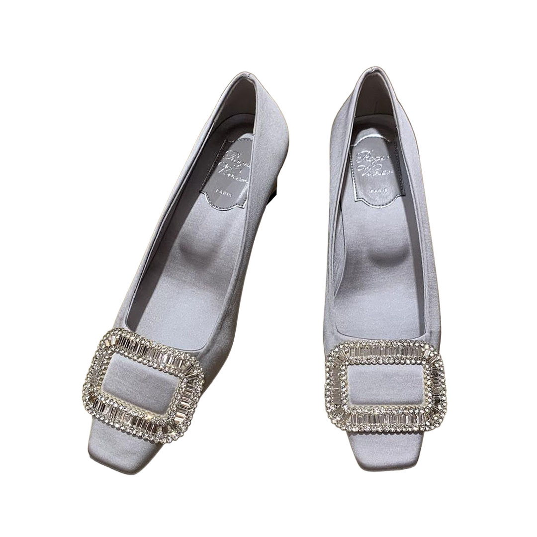 Roger Vivier Belle Vivier Pumps High Heels In Silver/White/Red/Beige Satin With Crystal Buckle (Heel Height 4.5cm)