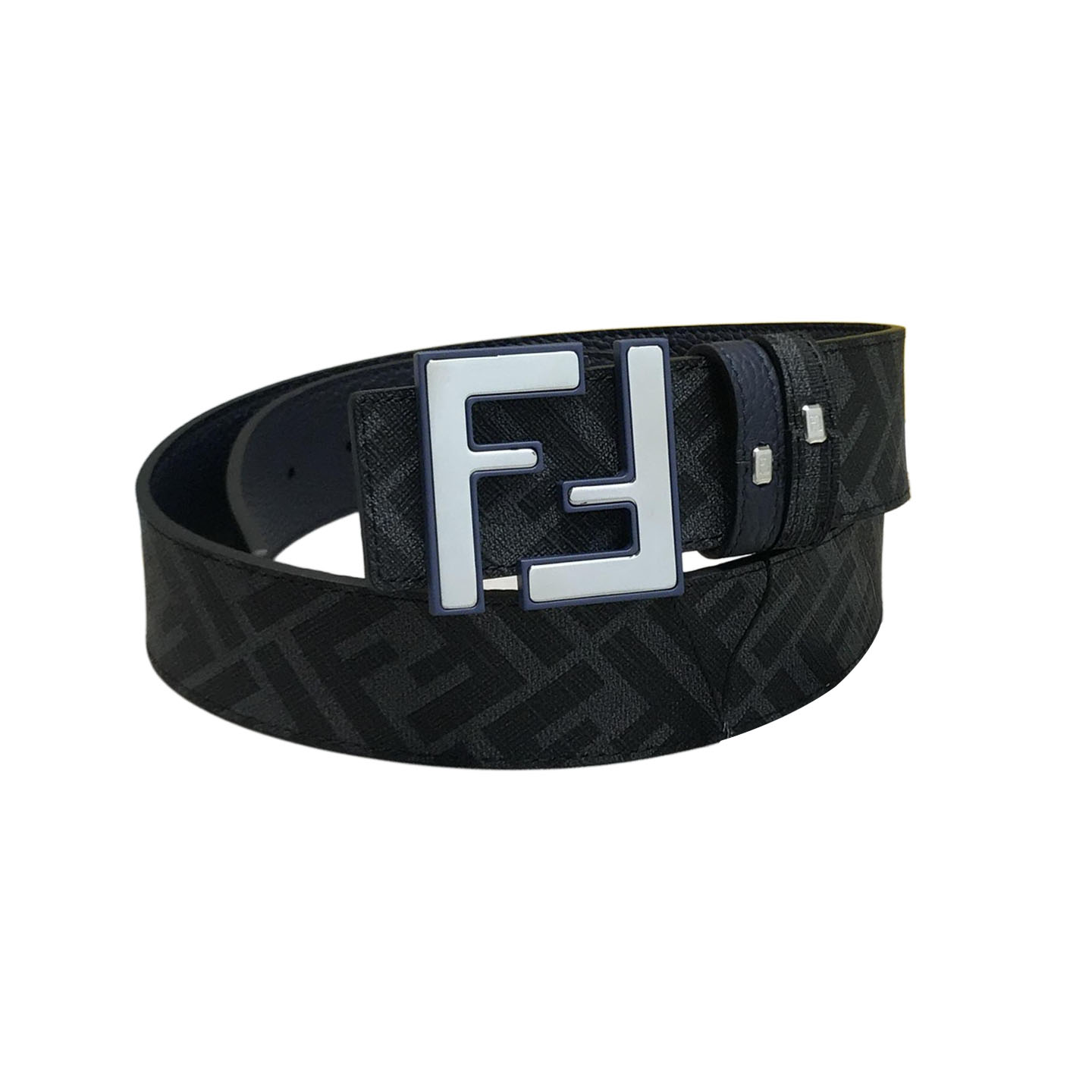 Fendi Men's Rounded FF Reversible Belt In Black/Blue Calfskin And Monogram Canvas With Silver Hardware 38MM