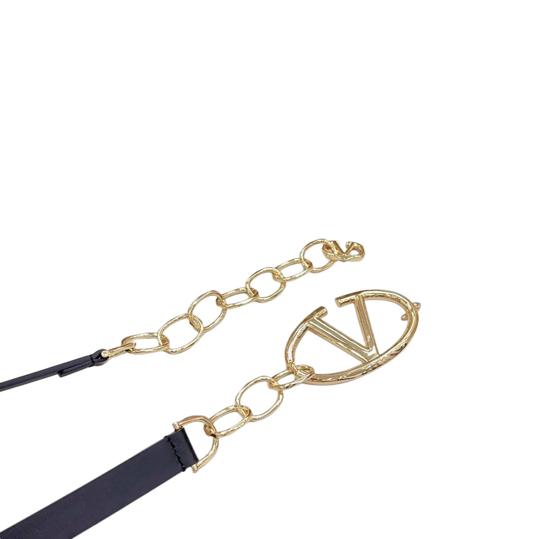 Valentino V Buckle Chain Belt In Black/White/Nude Calfskin With Gold Hardware