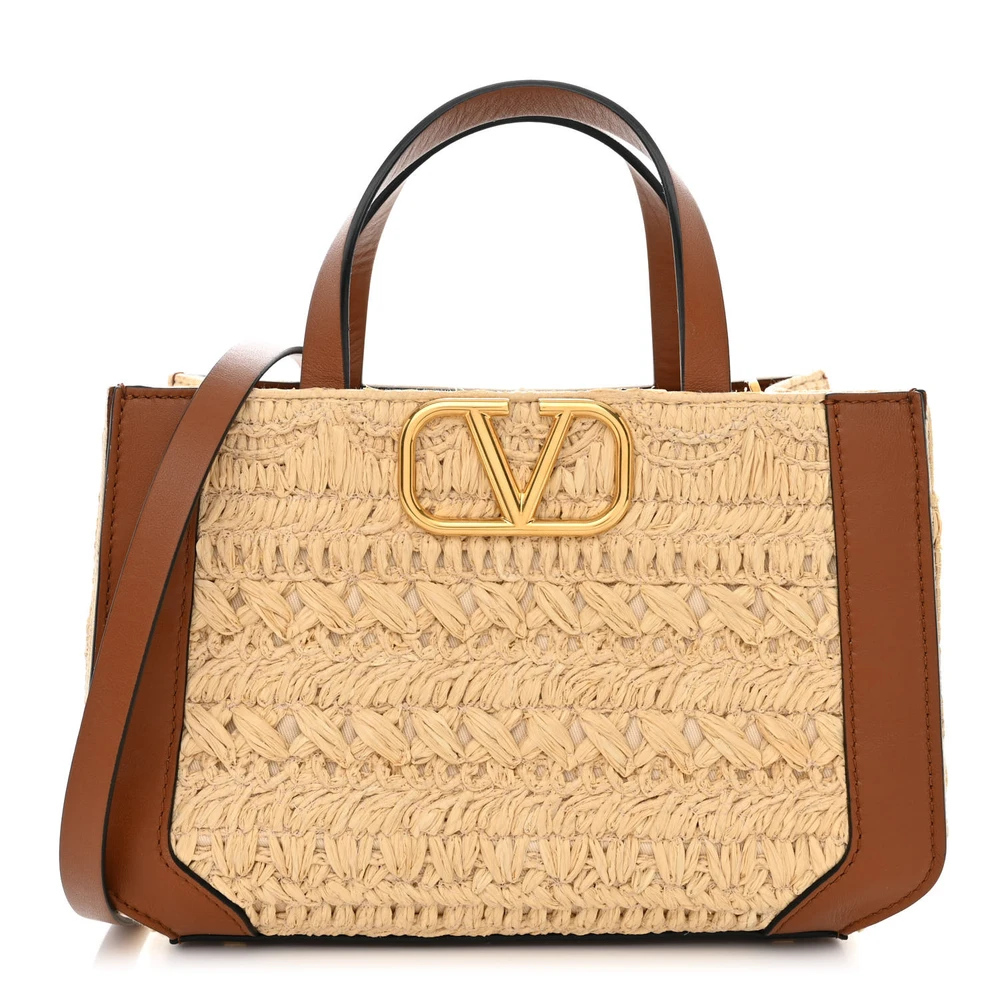Valentino Garavani Small VLogo Signature Tote Natural/Saddle Brown Raffia & Calfskin Leather Gold Hardware