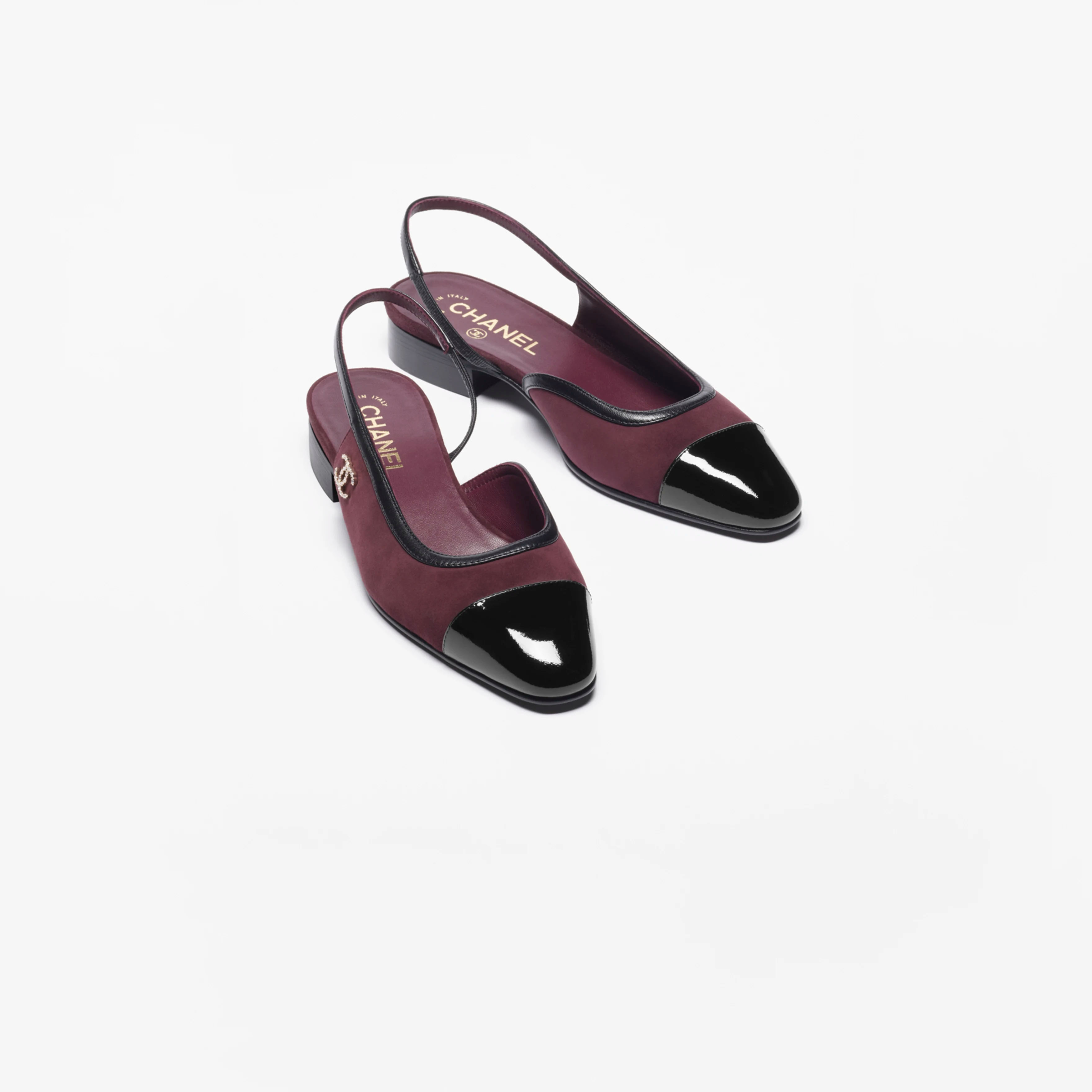 Chanel, burgundy and black, suede, lambskin, lacquered calf leather Rear lace up flat shoes