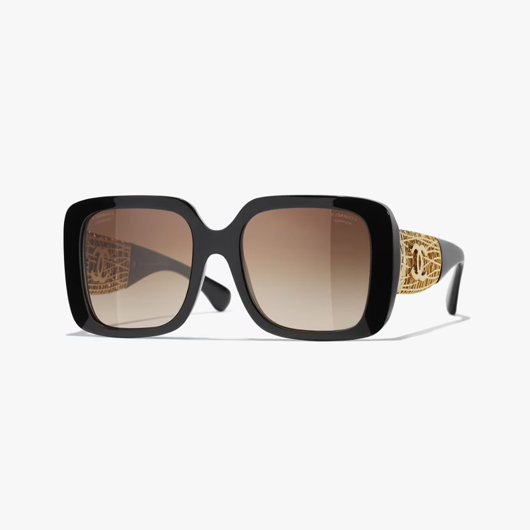 CHANEL square frame glasses black gold color size 54-20-140