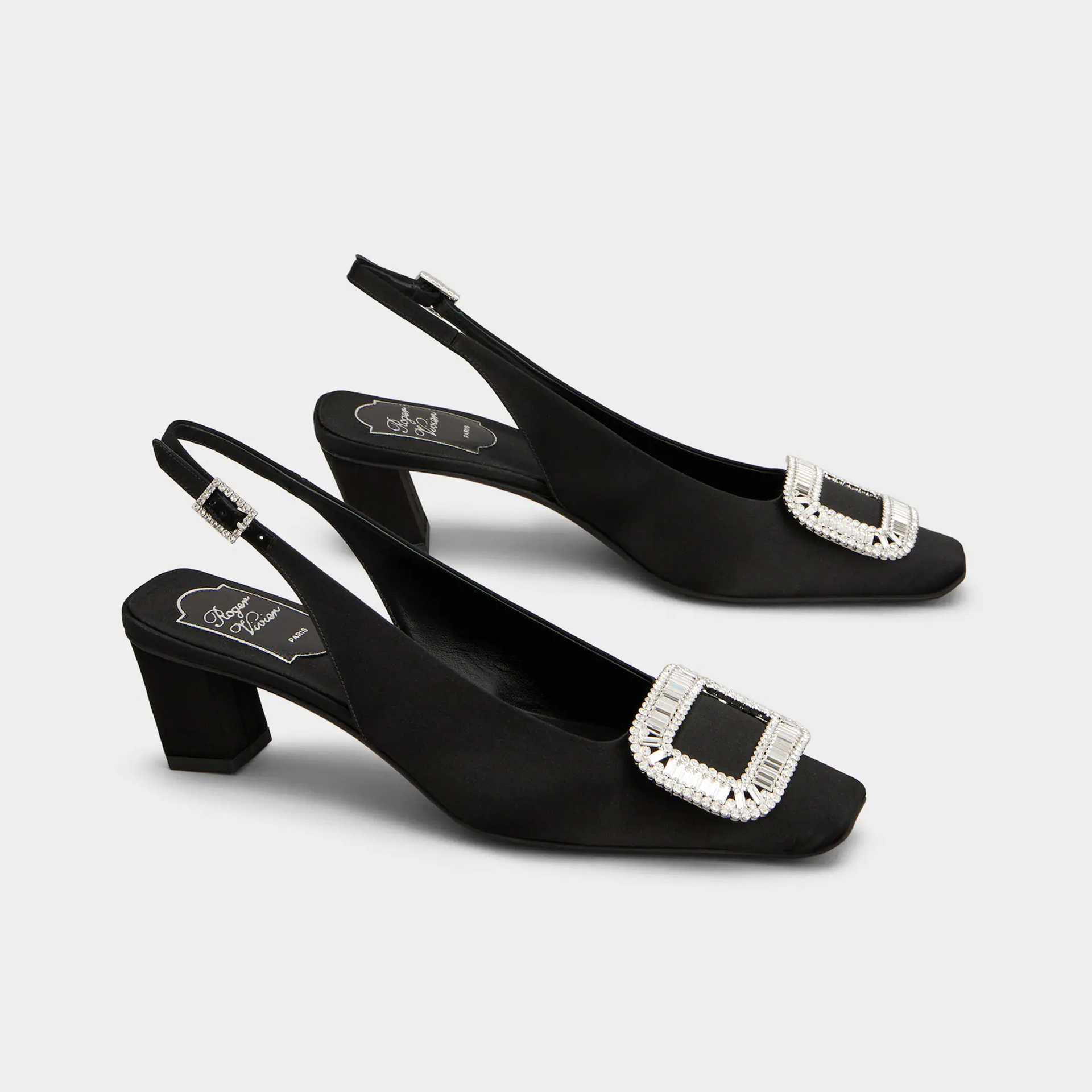 Roger Vivier Belle Viver Slingback Pumps High Heels In Black Satin With Crystal Buckle (Heel Height 4.5cm)