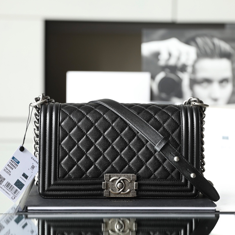 Chanel Lleboy Black Quilted Shiny Calfskin Leather / Quilted Caviar Leather Shoulder Bags Crossbody Bags