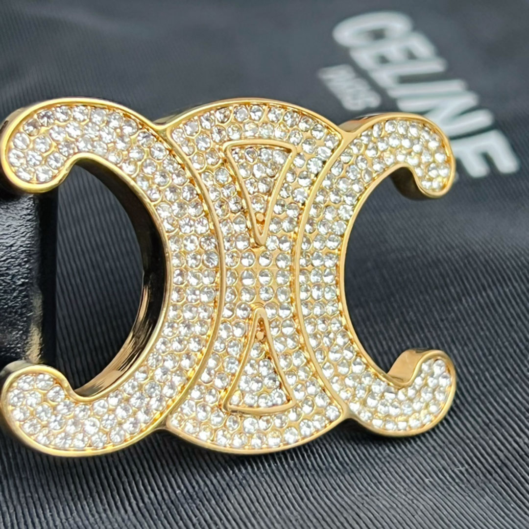 Celine Triomphe Buckle With Crystals Revesible Belt In Black/Brown Calfskin With Gold Hardware 25mm