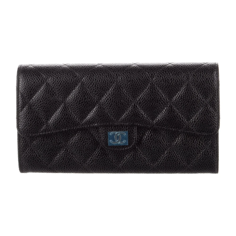 Chanel Large Interlocking CC Logo Trifold Wallet Black Caviar Leather Silver Hardware