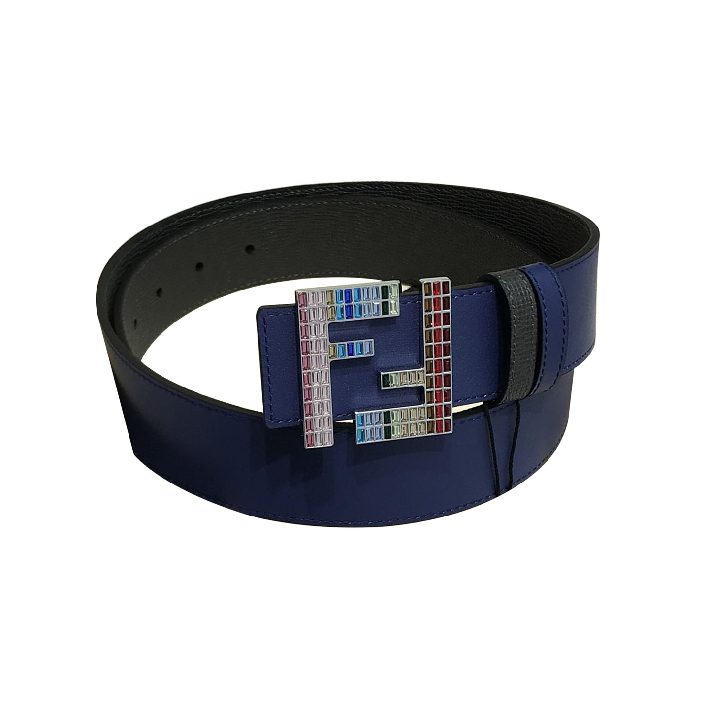 Fendi Men's FF Multicolor Buckle Belt In Blue/Yellow/Red/Black Epsom Calfskin With Silver/Black Hardware 38mm