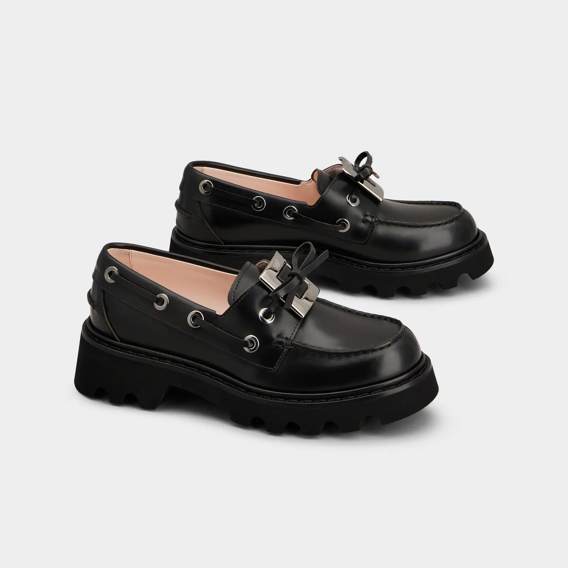 Roger Vivier Viv' Rangers Truck Boat Shoes Loafers In Black Leather With Metal Buckle (Heel Height 5cm)