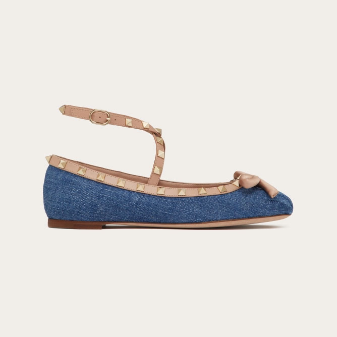 VALENTINO Rivet satin blue ballet flats shoes