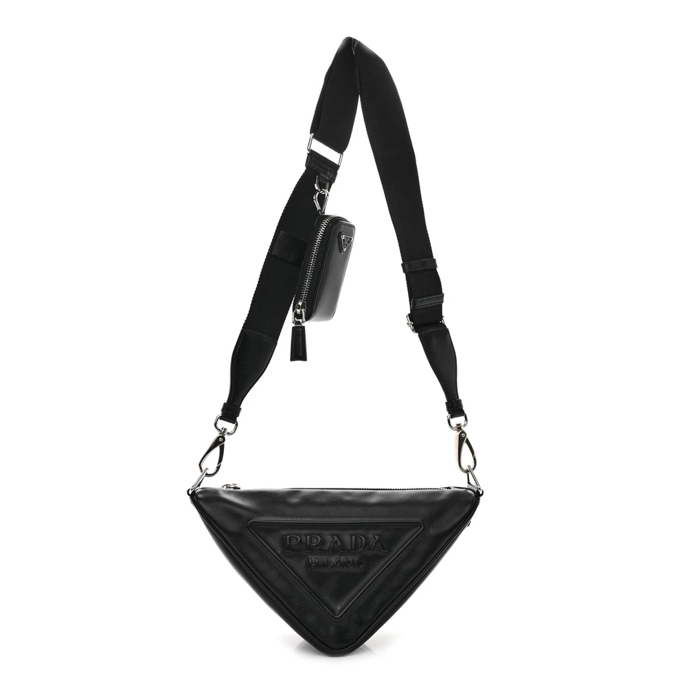 Prada Medium Triangle Shoulder Bag Black Grace Lux Leather Silver Hardware