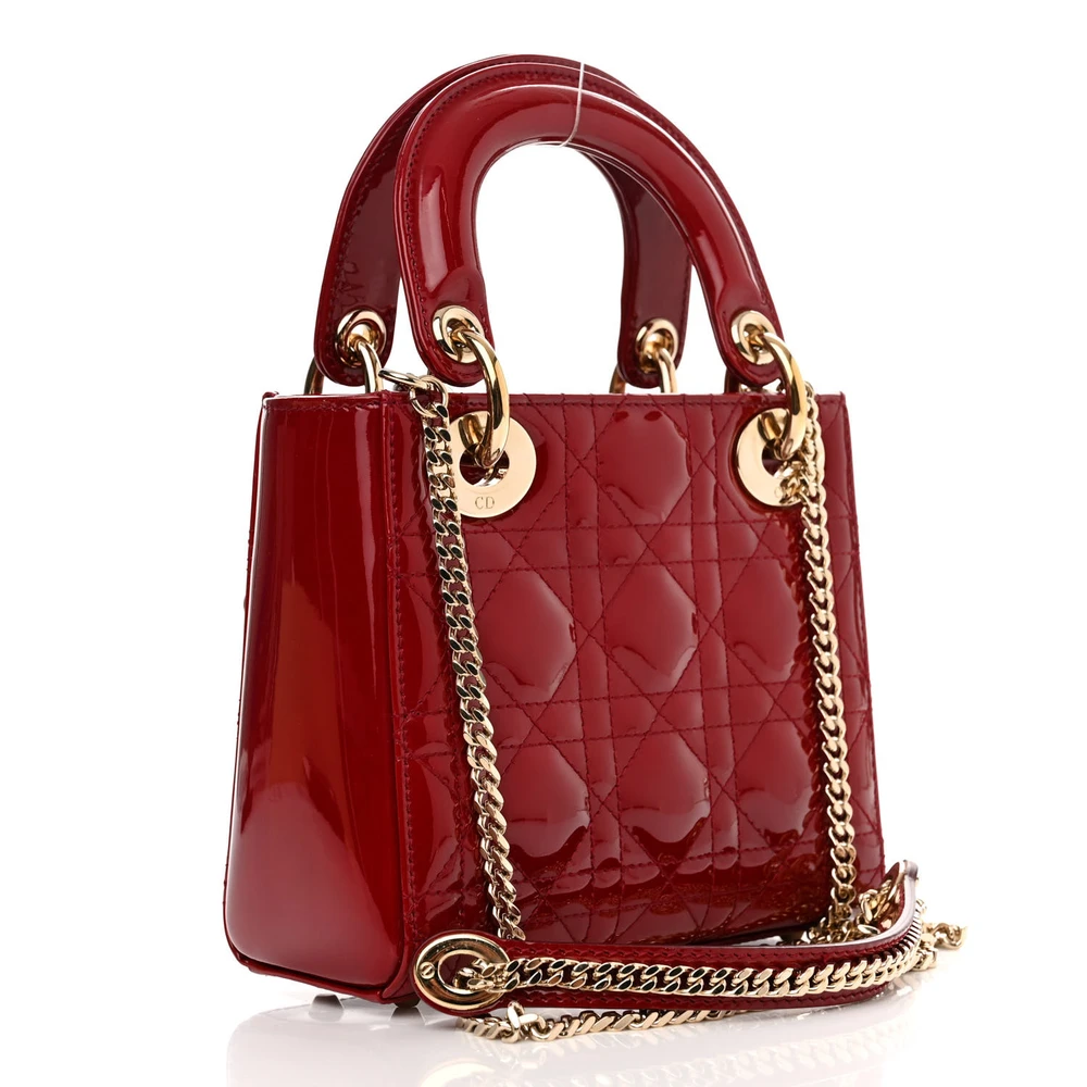 Dior Mini Lady Dior Red Patent Cannage Calfskin Leather Gold Hardware