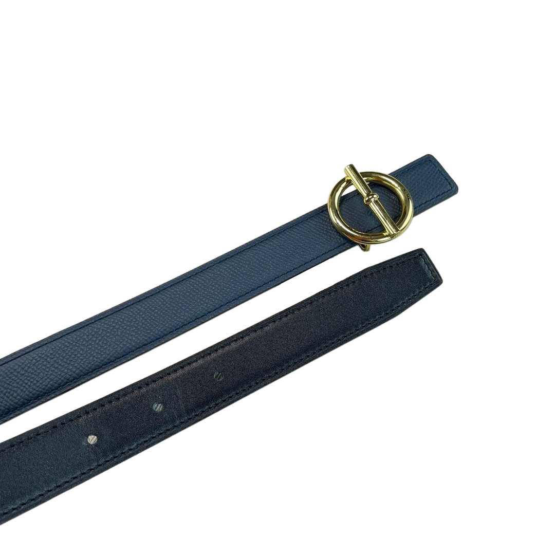 Hermès Women' s Round Buckle Reversible Belt In Blue/Brown/White Calfskin With Gold Hardware 25mm