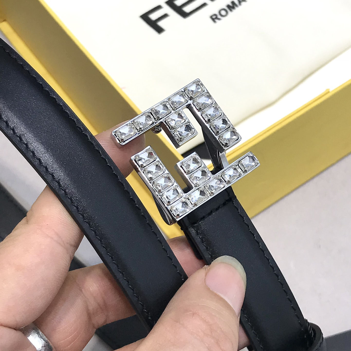 Fendi Women's FF Buckle With Crystal Belt In Black Calfskin With Silver Hardware 20mm