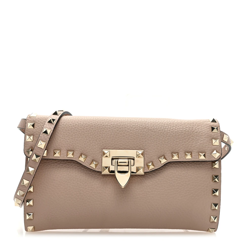 Valentino Garavani Medium Rockstud Flip Lock Shoulder Bag Poudre Pebbled Calfskin Leather