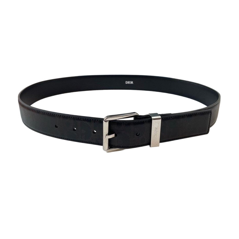 Dior Men' s Square Buckle Belt In Black Patterned Calfskin With Silver Hardware 35mm