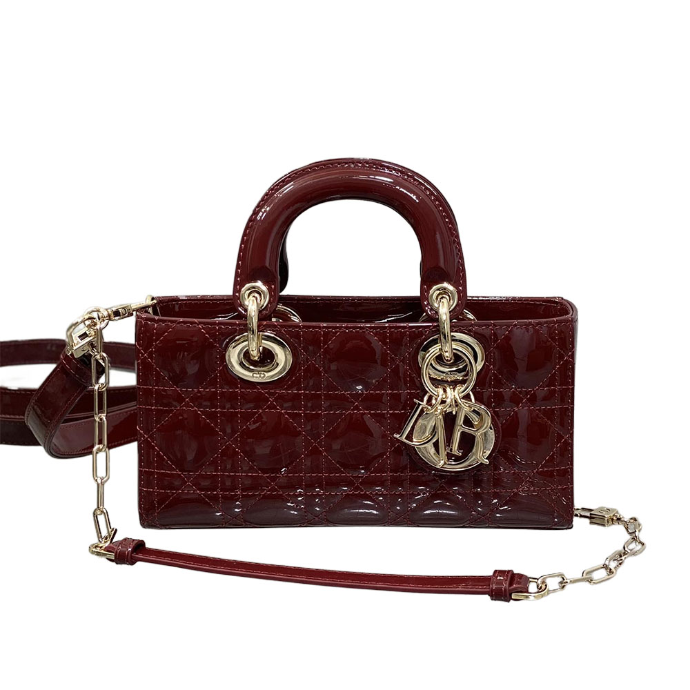 Dior Small Lady D-Joy Bag In Cherry Red Patent Calfskin/White Lambskin/Black Ultramatte Cannage Calfskin With Gold/Black Hardware
