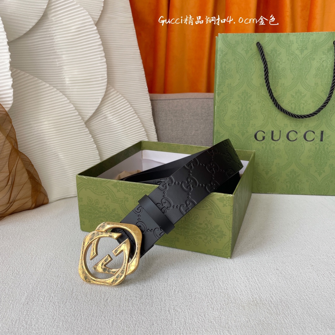 Gucci Men's Square Double G Buckle Belt In Black Monogram Calfskin With Gold/Silver Hardware 40mm