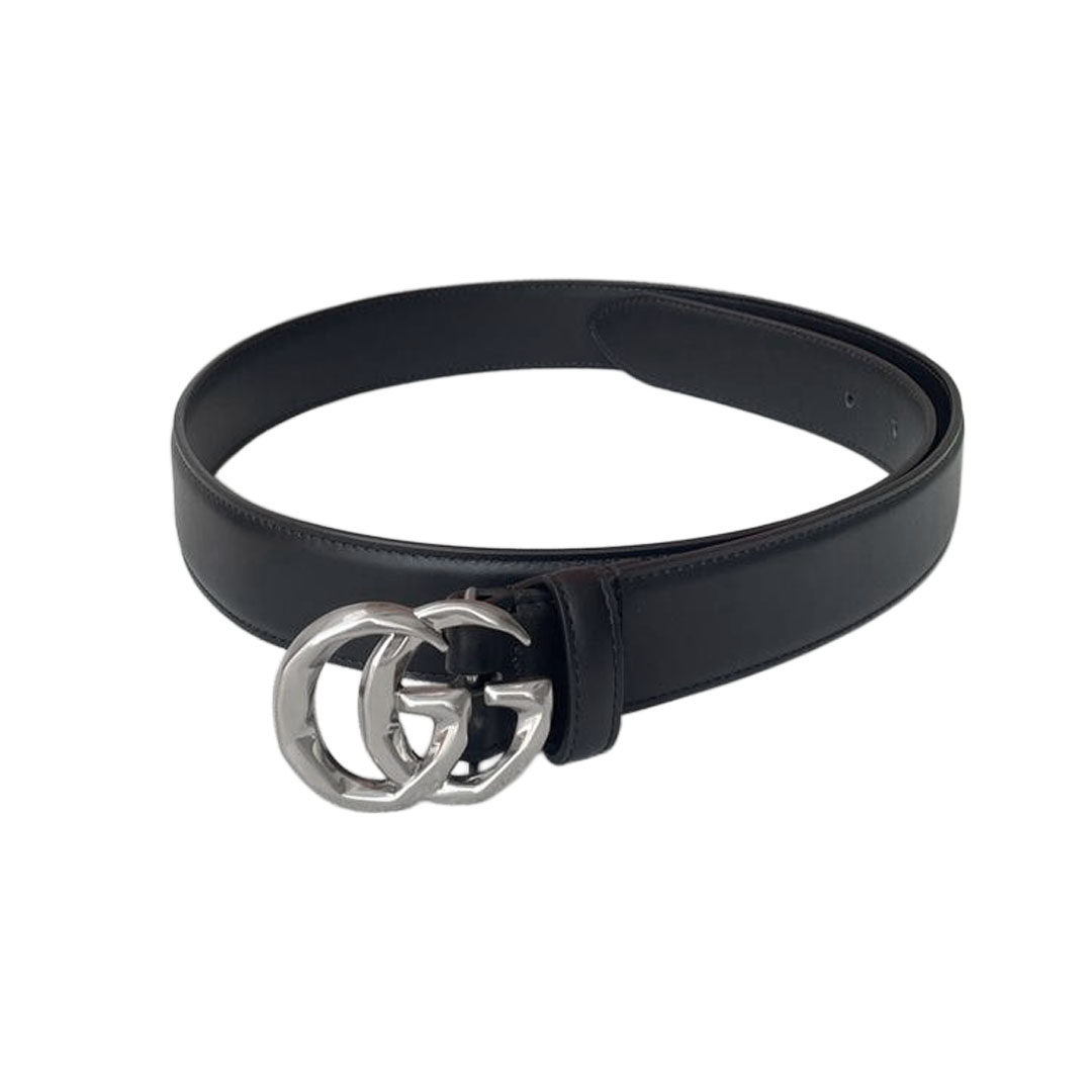 Gucci Women's GG Buckle Belt In Black/White/Brown Smooth Calfskin With Gold/Silver Hardware 30mm