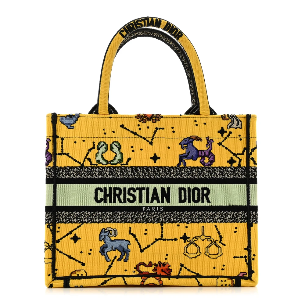 Dior Small Pixel Zodiac Book Tote Yellow Multicolor Embroidered Canvas