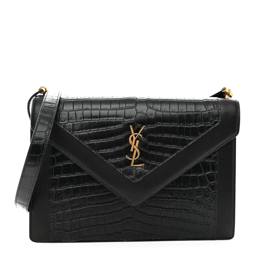 Saint Laurent Medium Gaby Satchel Black Embossed Calfskin & Crocodile Leather Aged Gold Hardware